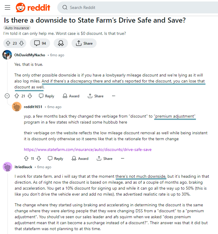 State Farm Drive Safe and Save Review: Reddit Screenshot