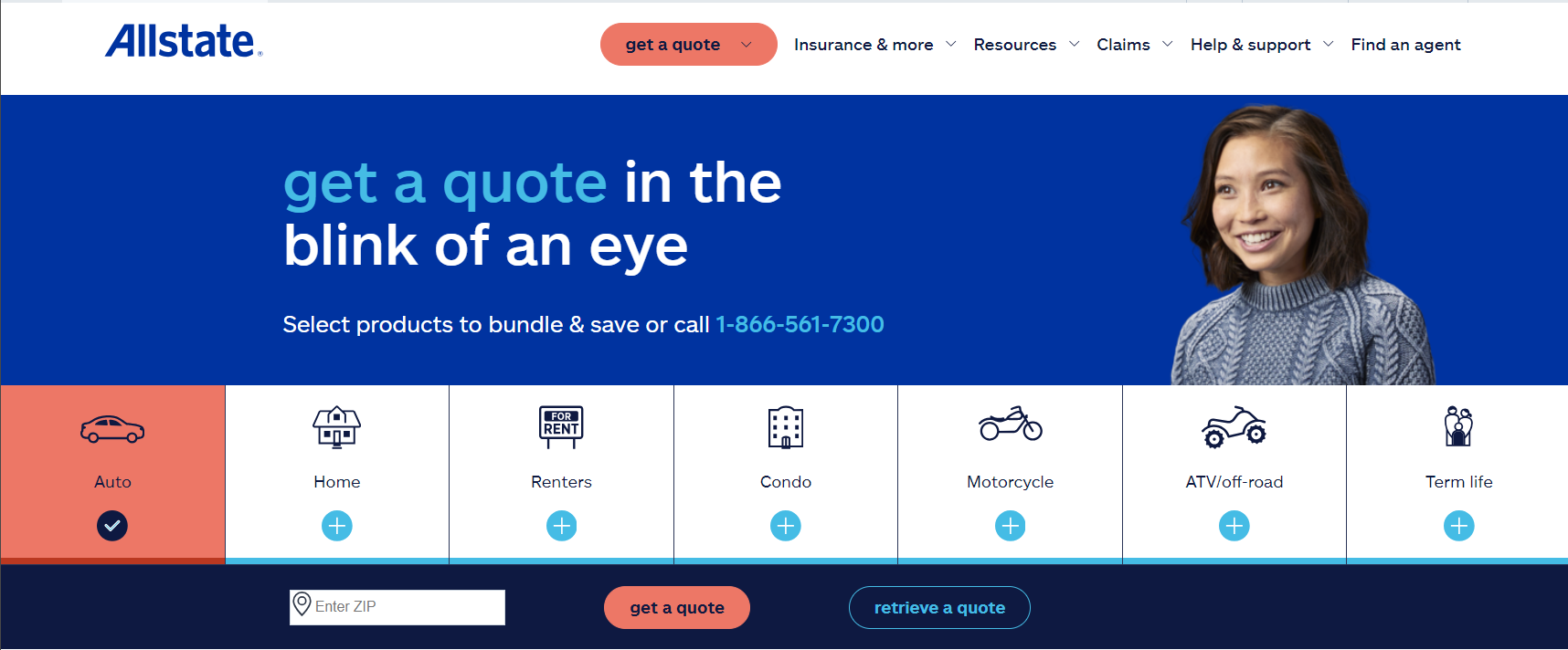 Allstate homepage screenshot: actual cash value