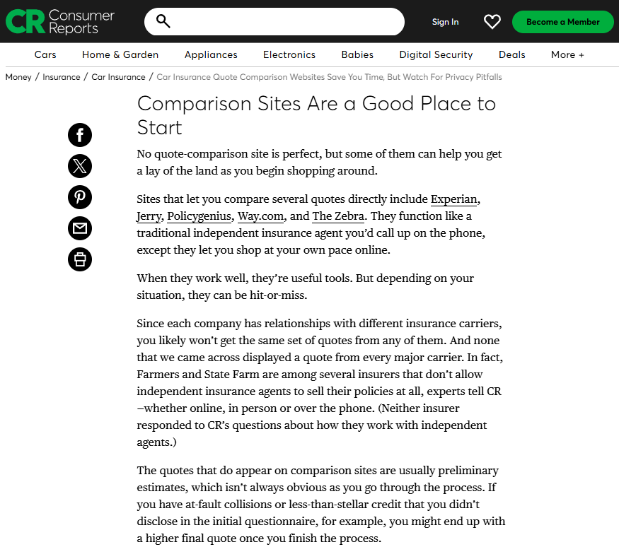 Consumer Reports Site Screenshot: The Zebra Review