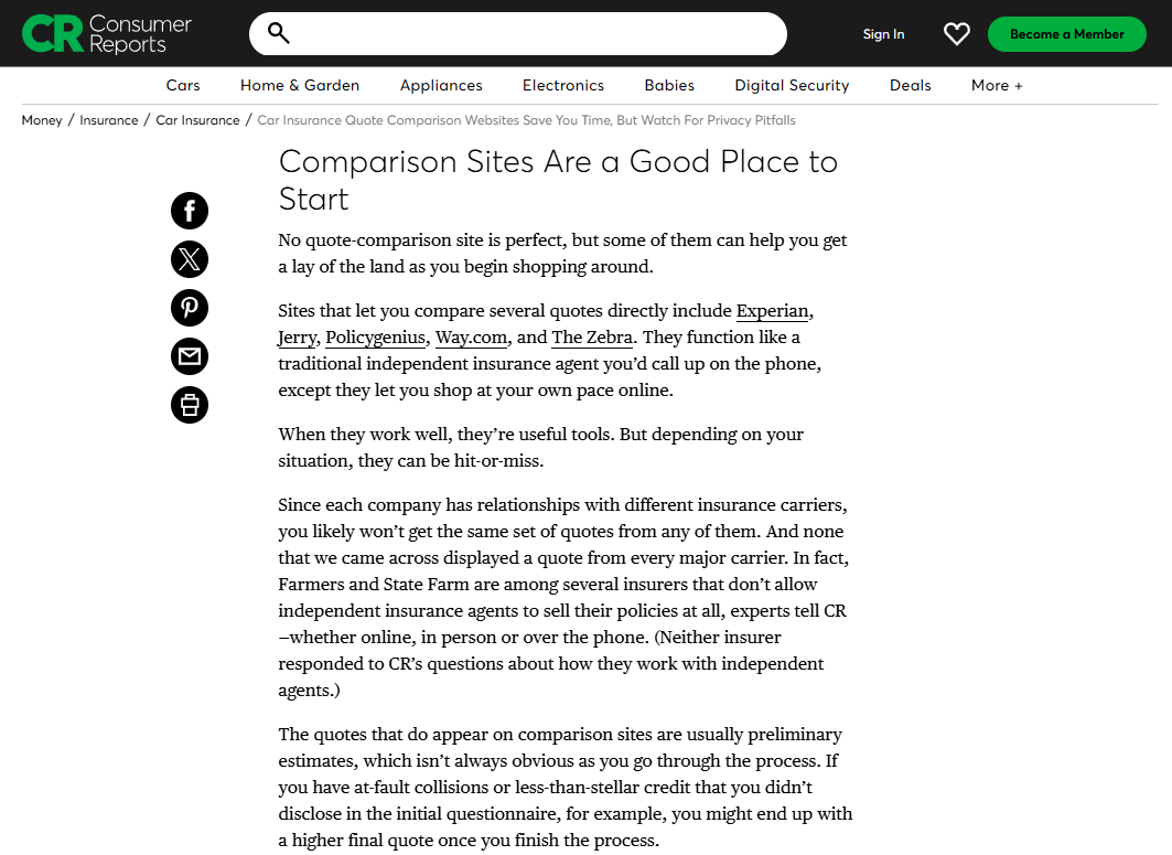 Consumer Reports Site Screenshot: The Zebra Review