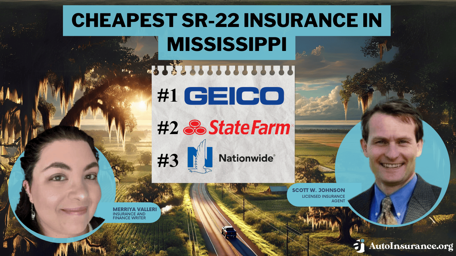 Cheapest SR-22 Insurance in Mississippi: Geico, State Farm, and Nationwide.