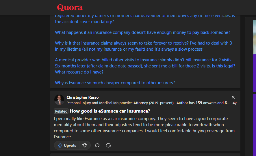 Esurance Auto Insurance Review: Quora Site Screenshot