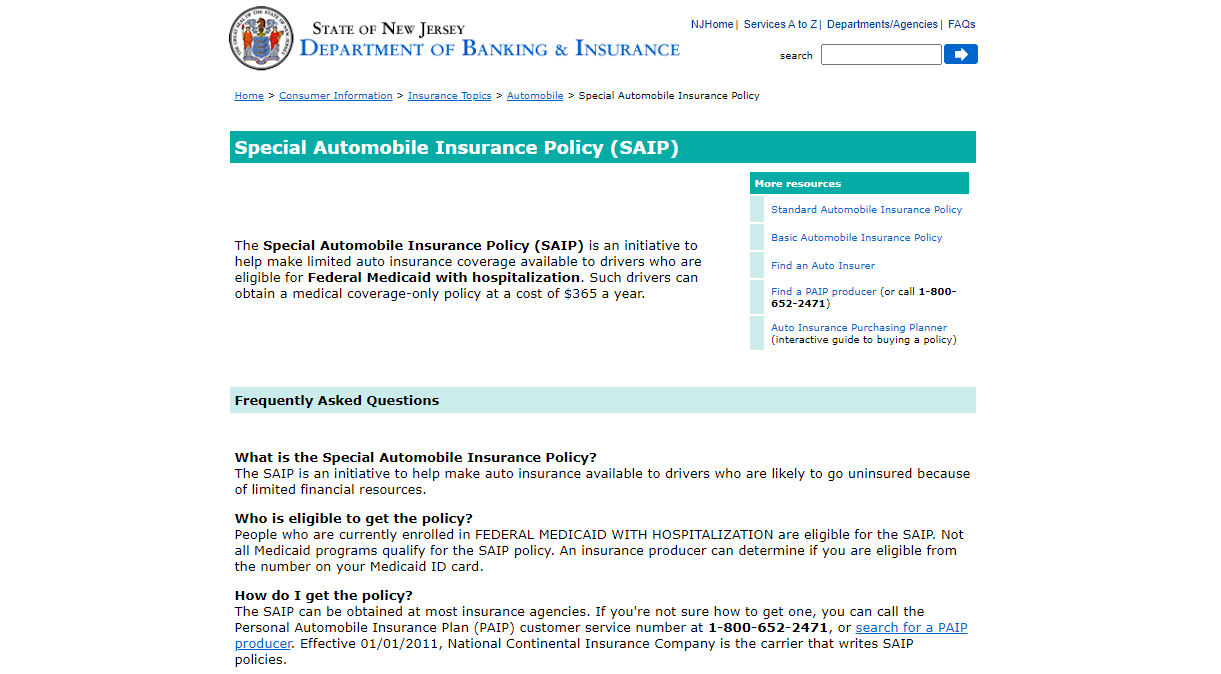 Government Assistance Programs for Low-Income Drivers: New Jersey Special Automobile Insurance Policy Site Screenshot