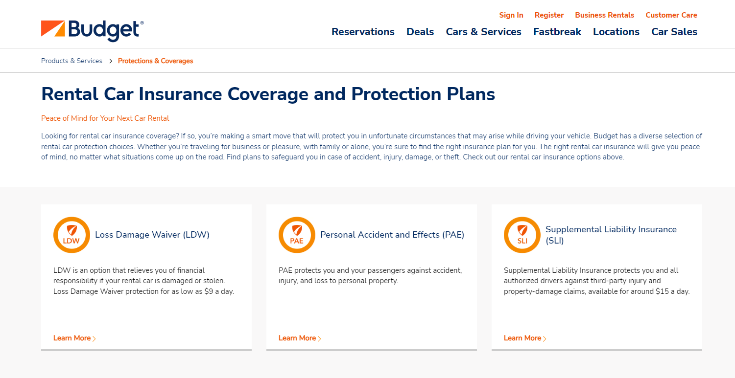 Does my auto insurance cover rental cars?: Budget Site Screenshot