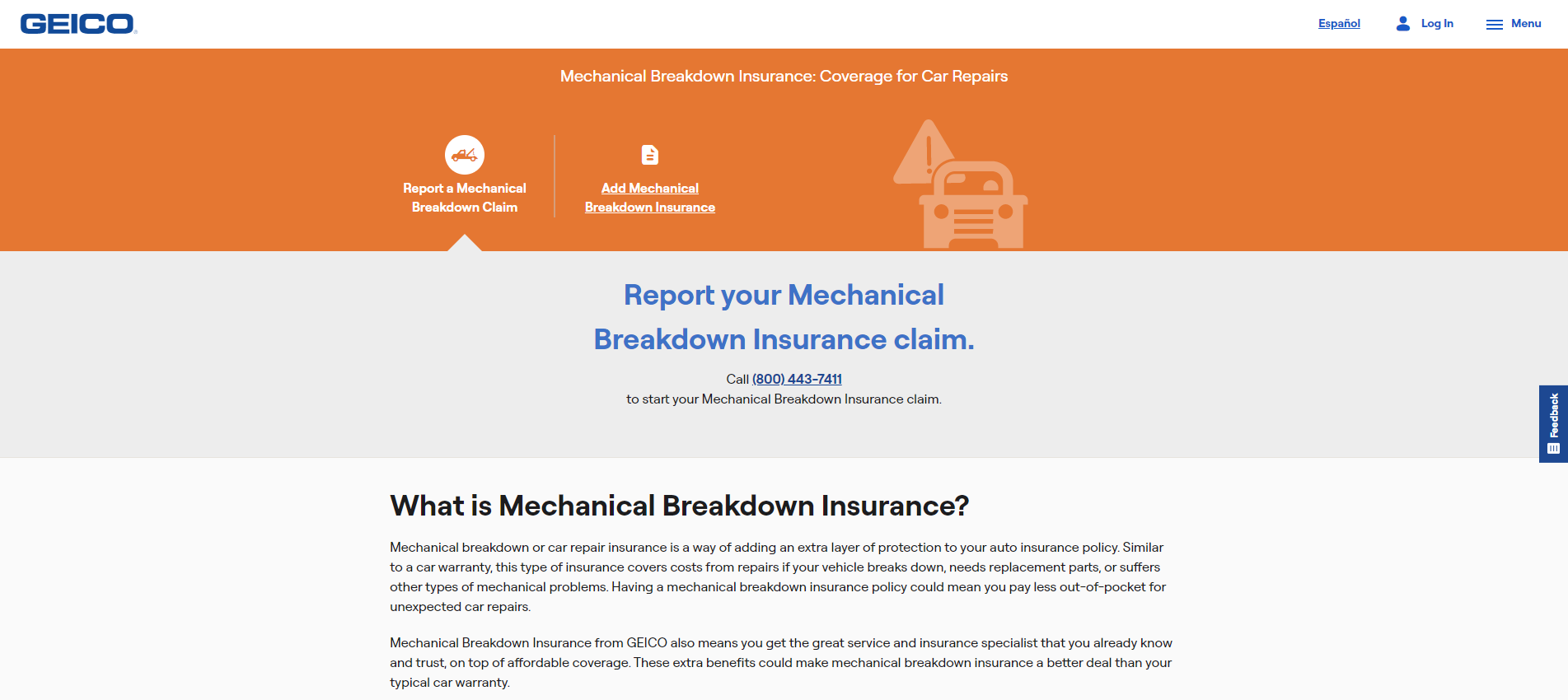 Does auto insurance cover engine failure?: Geico Site Screenshot