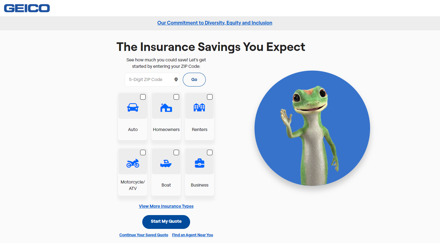 Geico vs. State Farm Auto Insurance: Geico Site Screenshot