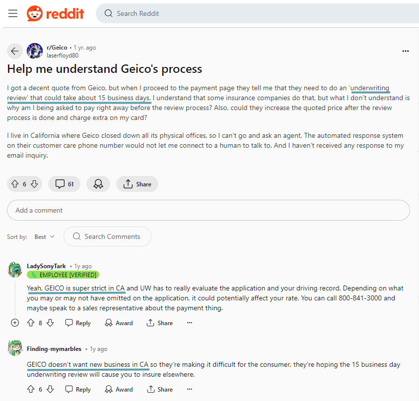 Geico Auto Insurance Review: Reddit Site Screenshot