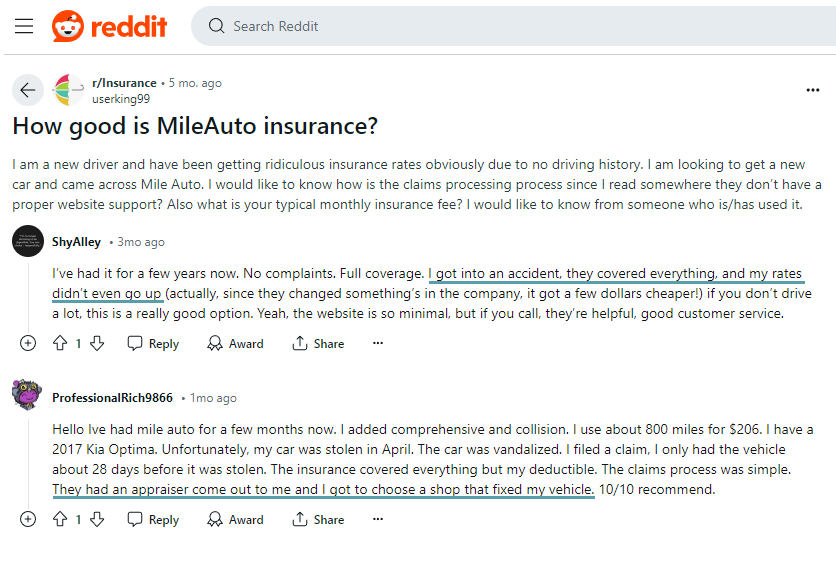 Mile Auto Insurance Review: Reddit Site Screenshot