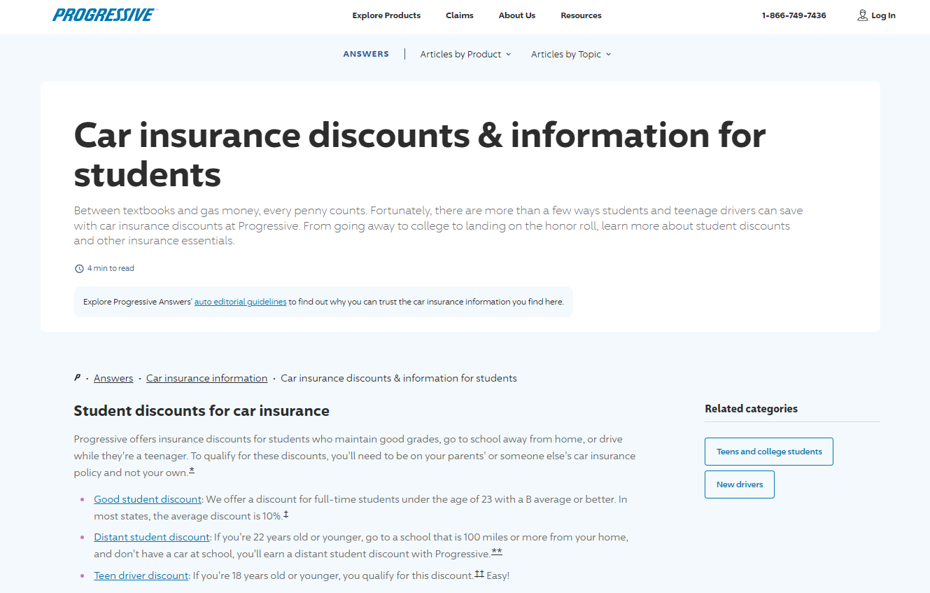 Best Good Student Auto Insurance Discounts: Progressive Site Screenshot