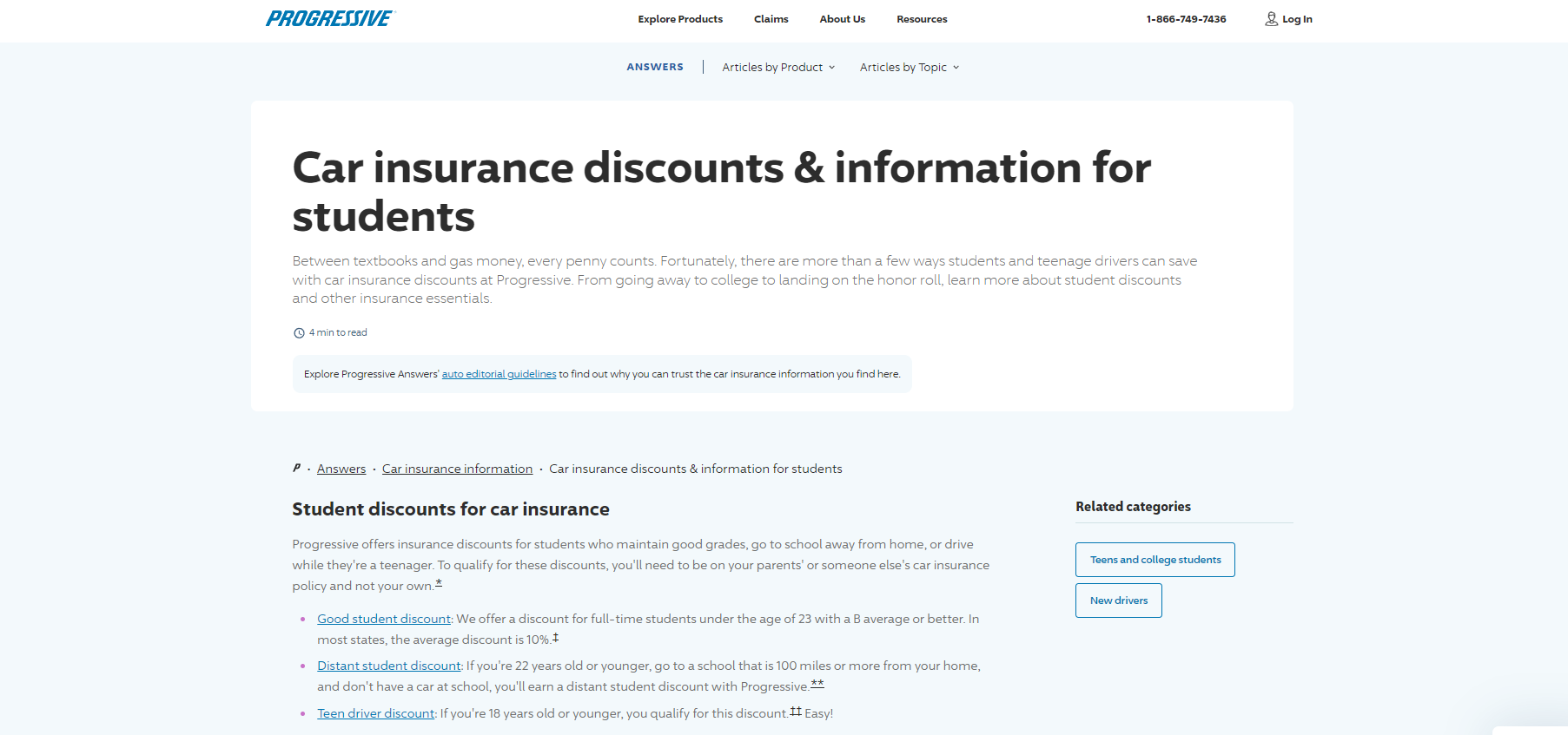 Best Good Student Auto Insurance Discounts: Progressive Site Screenshot