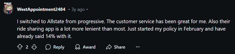 Allstate vs. Progressive Auto Insurance: Reddit Screenshot