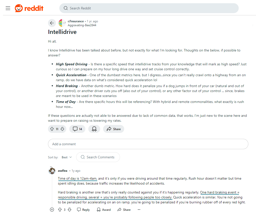 Travelers IntelliDrive Review: Reddit Site Screenshot
