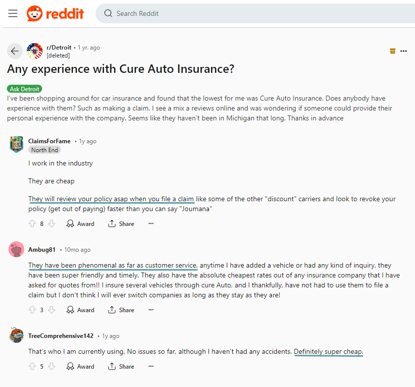 CURE Auto Insurance Review: Reddit Site Screenshot