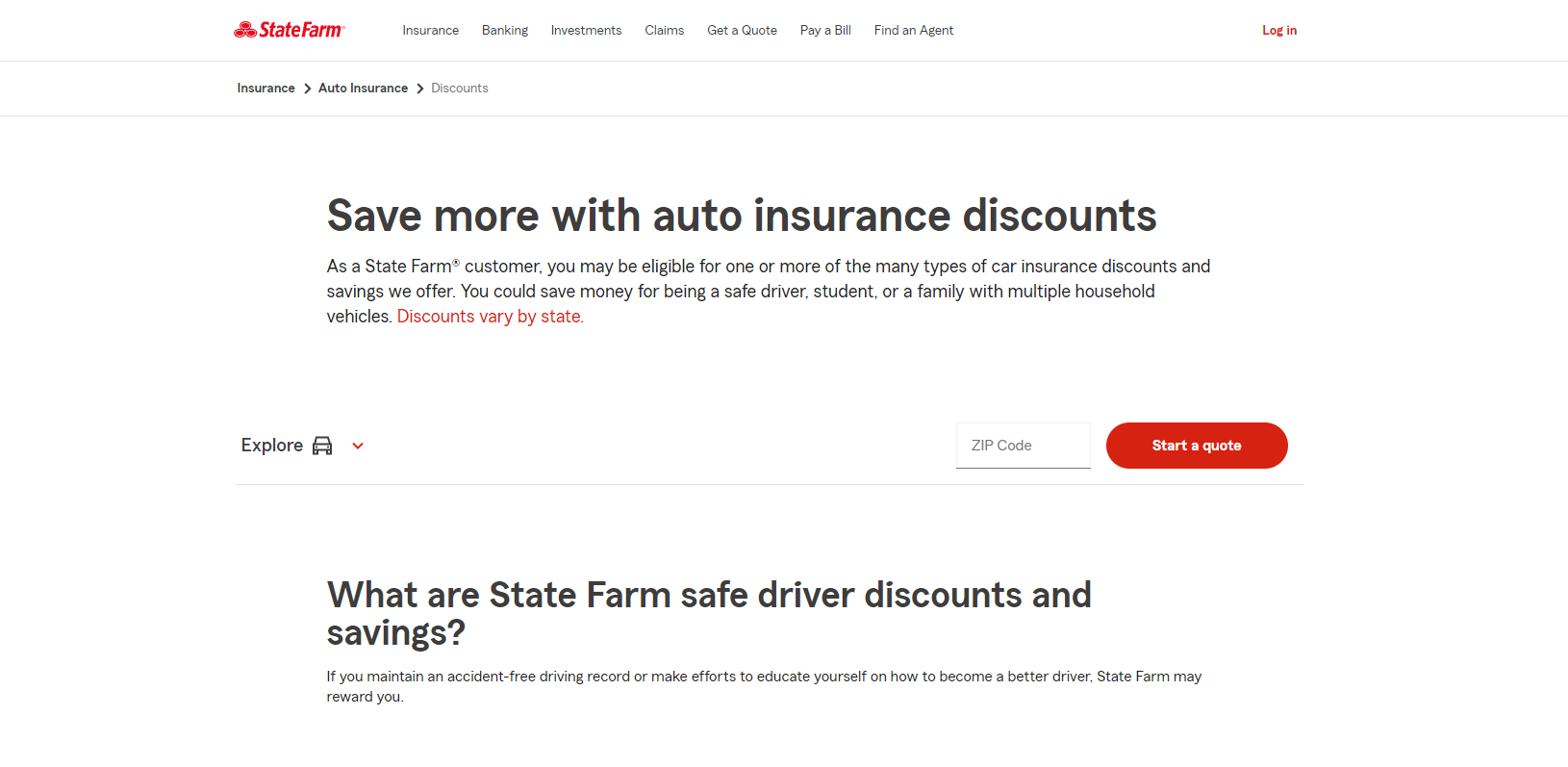 State Farm Auto Insurance Discounts: State Farm Site Screenshot