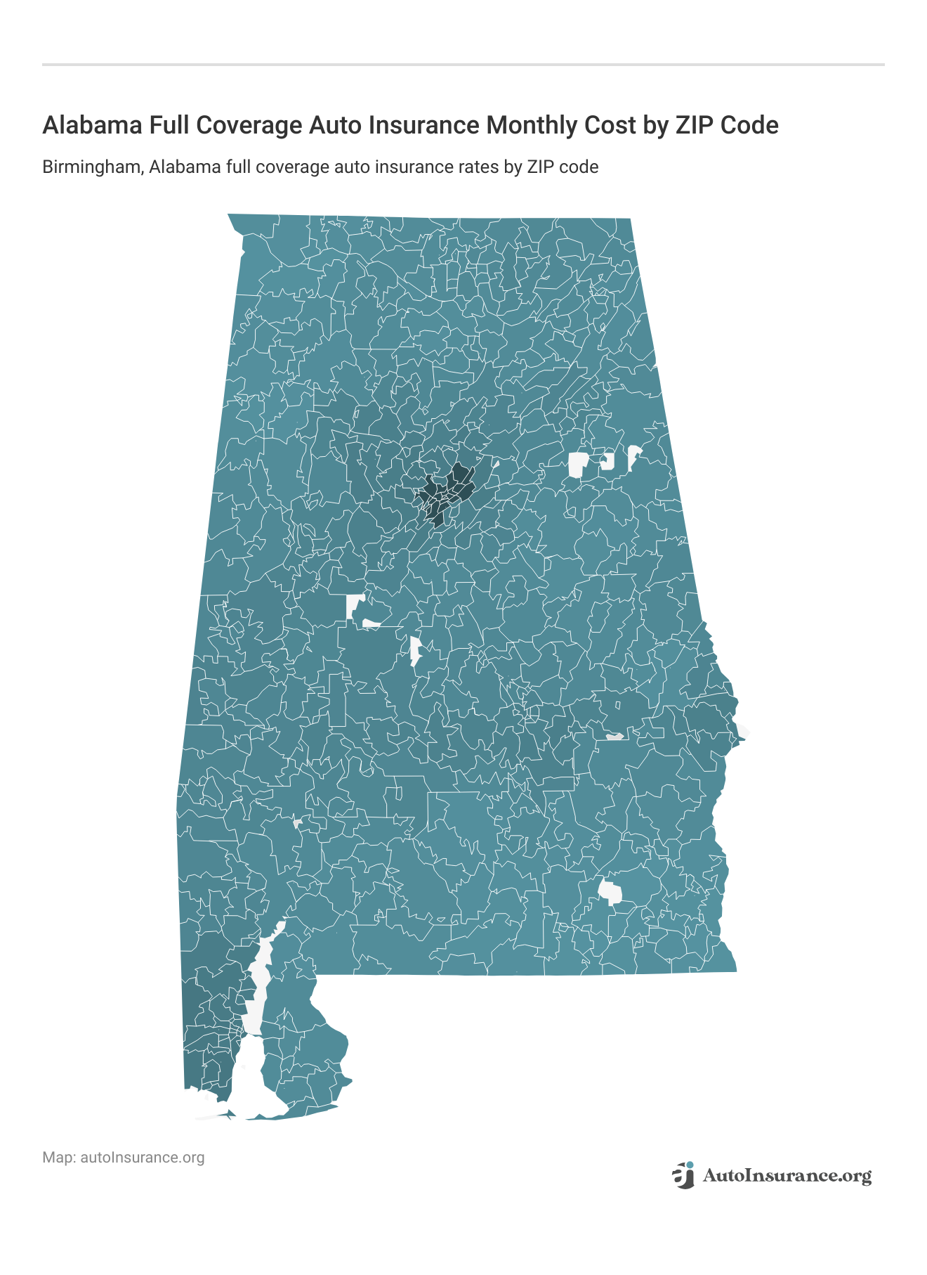 <h3>Alabama Full Coverage Auto Insurance Monthly Cost by ZIP Code</h3>