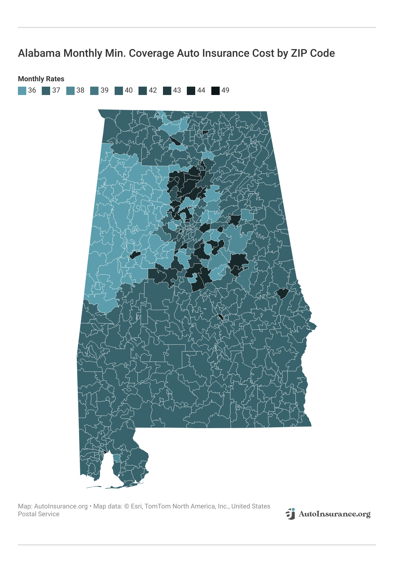 <h3>Alabama Monthly Min. Coverage Auto Insurance Cost by ZIP Code</h3>