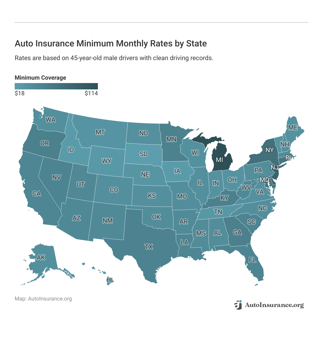 <h3>Auto Insurance Minimum Monthly Rates by State</h3>