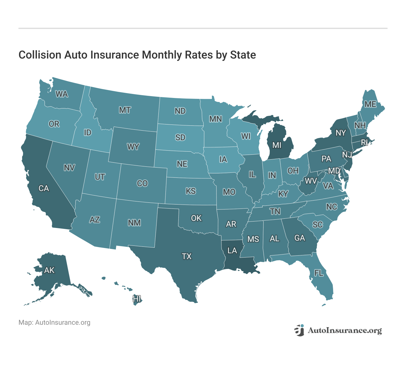 <h3>Collision Auto Insurance Monthly Rates by State</h3>
