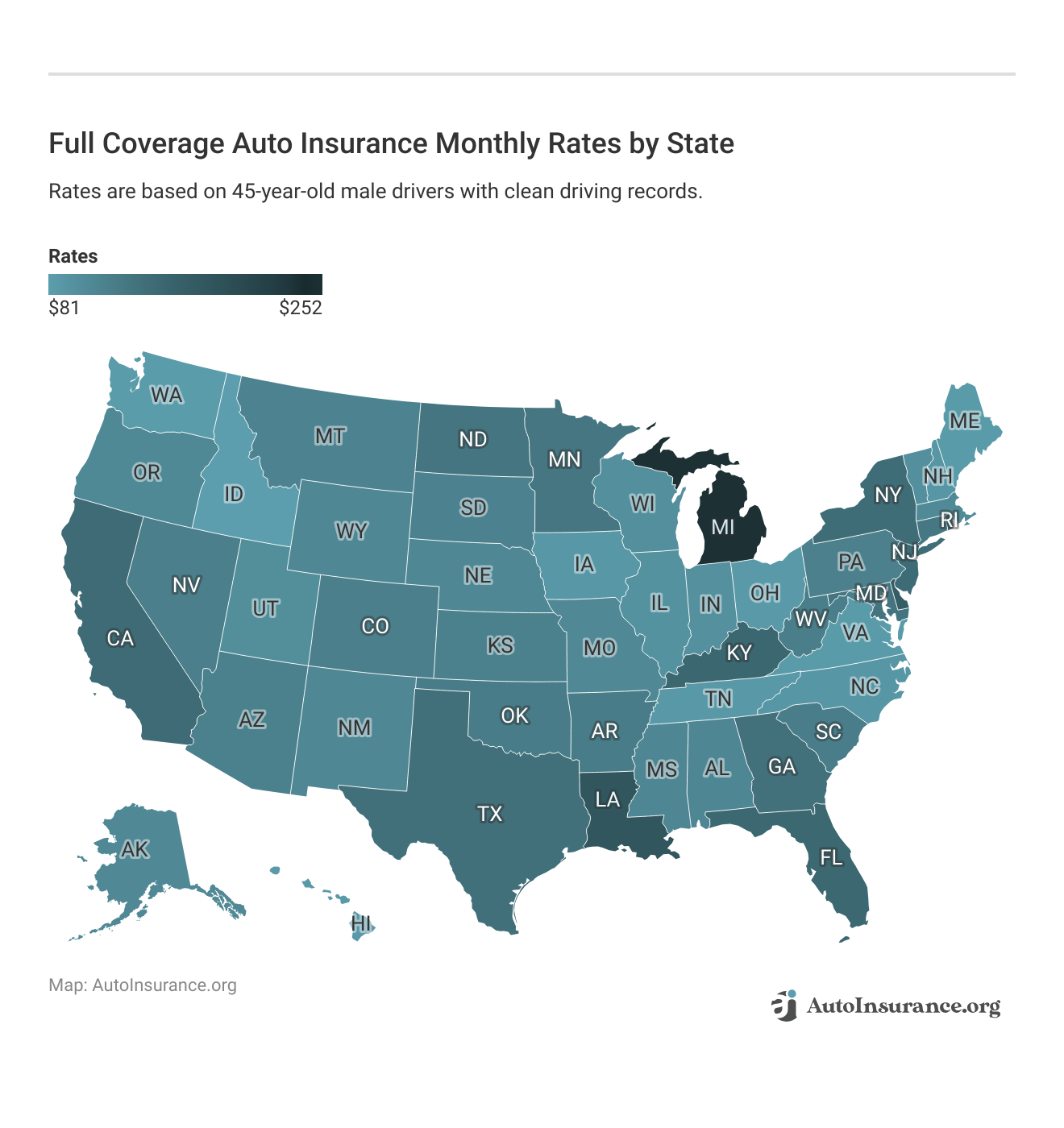 <h3>Full Coverage Auto Insurance Monthly Rates by State</h3>