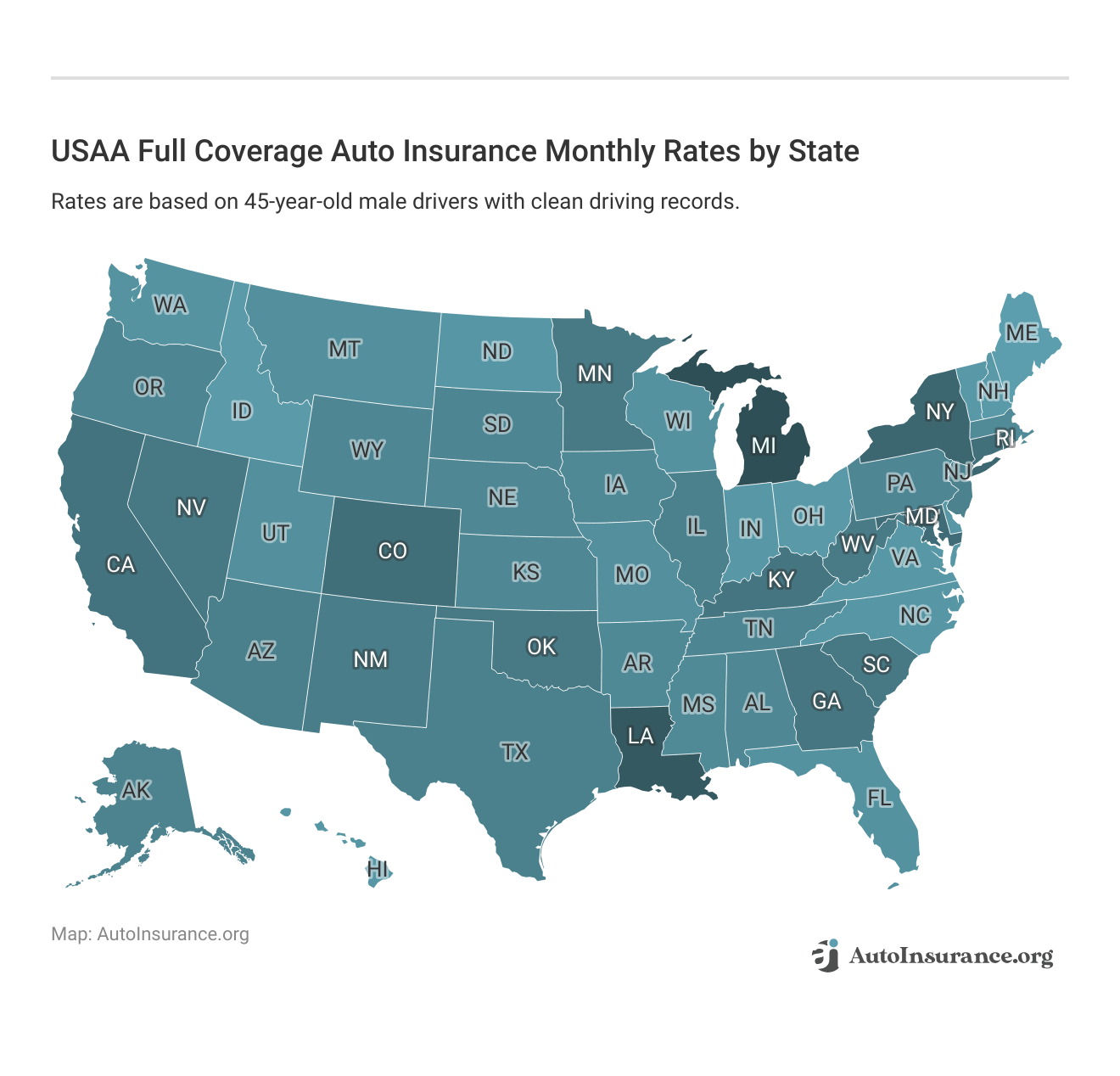 USAA Full Coverage Auto Insurance Monthly Rates by State